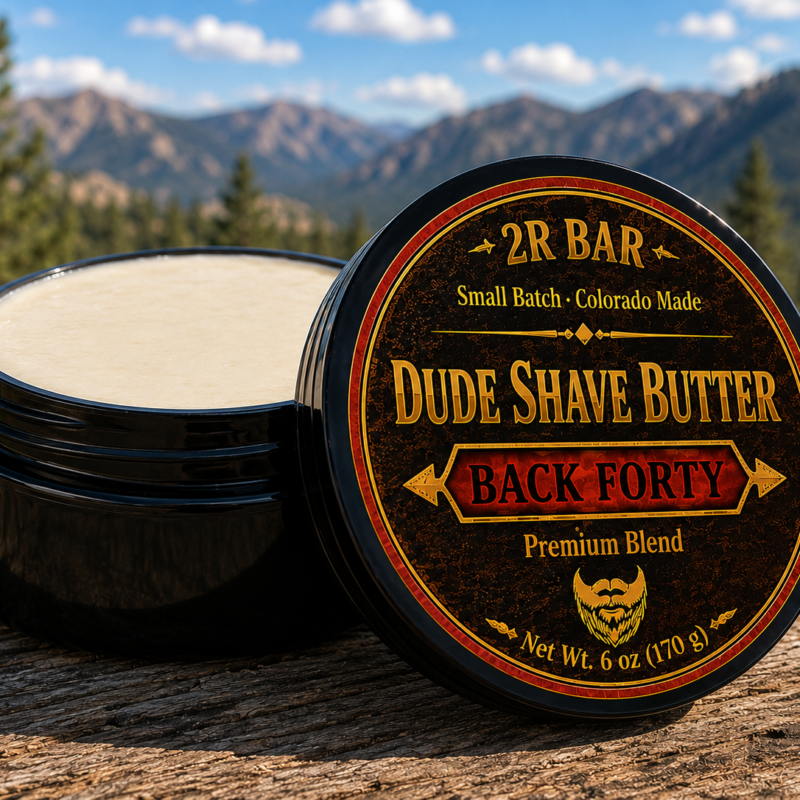 Dude Shave Butter Back Forty premium men's shave butter in black jar with smooth shave butter on white background.