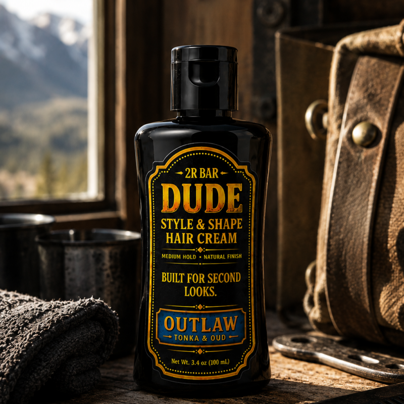 Dude Style & Shape Hair Cream in Outlaw (Tonka & Oud) on a rustic Colorado mountain cabin countertop with grooming accessories.