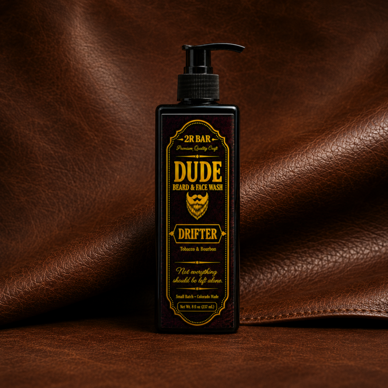 Dude Beard & Face Wash – Drifter scent, tobacco and bourbon men's beard and face wash handcrafted in Colorado by Dude Line.